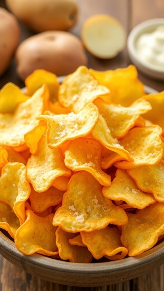 Homemade Potato Chips Recipe A bowl of crispy homemade potato chips with a sprinkle of salt, served with a dip.